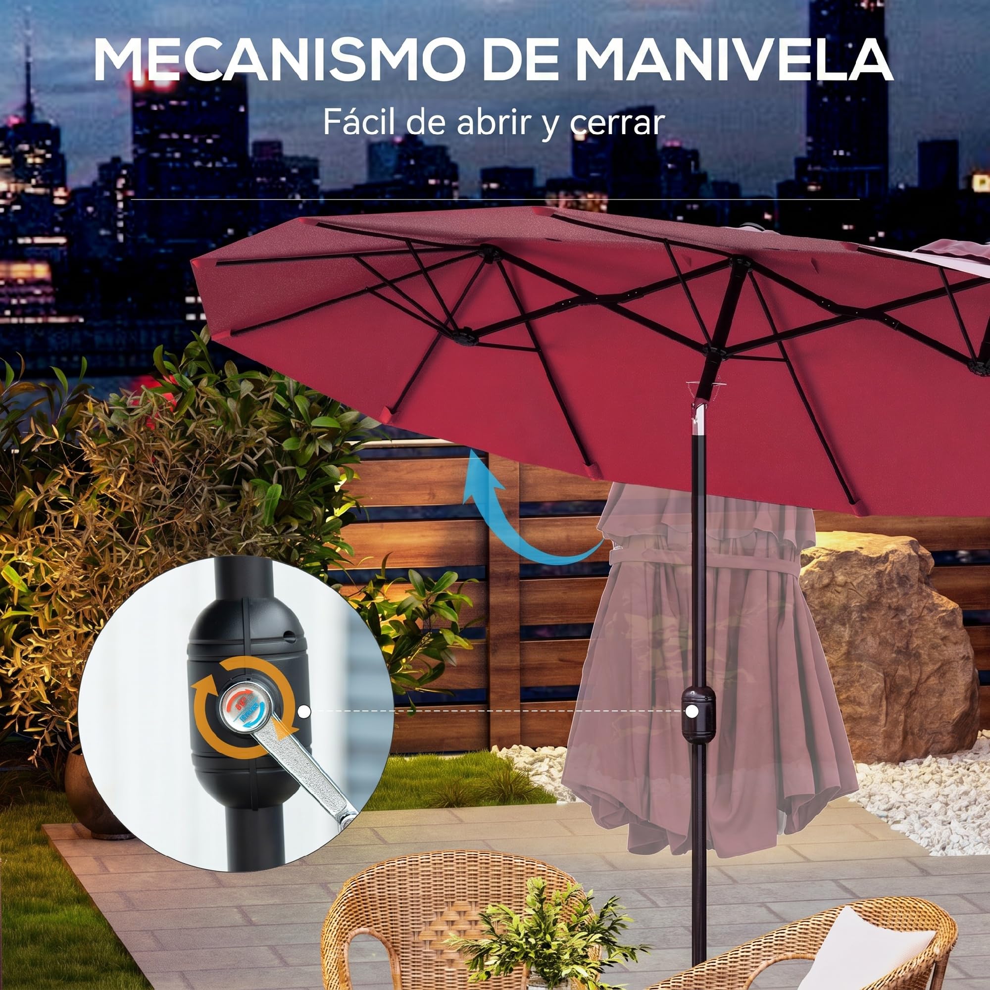 Outsunny Sombrilla Doble 2,95x1,52m Inclinación 45° Manivela Rojo Vino | Sombrilla Terraza Exterior, Manivela Manual, Ventilación, Impermeable, Parasol Jardín Piscina