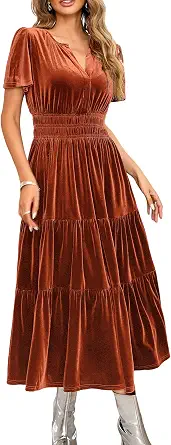 Women's Fall Winter Velvet V-Neck A-Line Maxi Dress with Short Sleeves