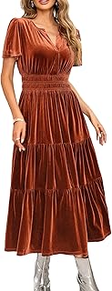 Women's Fall Winter Vintage Velvet Dress Short Sleeve V Neck Elastic Waist Tiered Ruffle A-Line Flowy Maxi Dress
