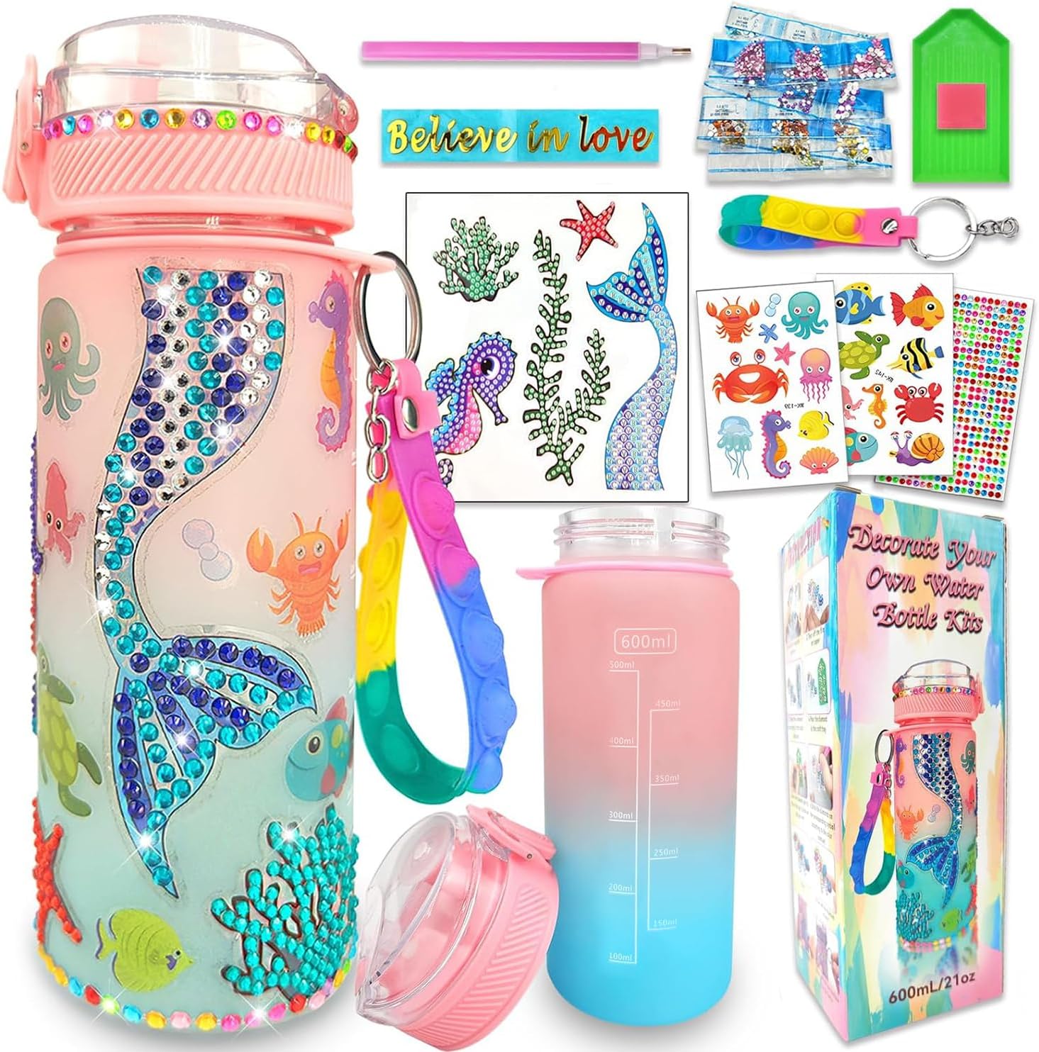 Masroo Decorate Your Own Water Bottle Kits for Girls Age 4-6-8-10,Mermaid Gem Diamond Painting Crafts,Fun Arts and Crafts Gifts Toys for Girls Birthday