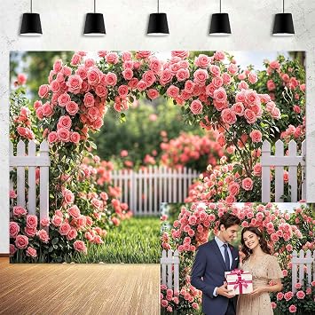 7X5FT Spring Flowers Backdrop for Photography, Spring Floral Pink Rose Arch White Fence Garden Decorations Background Wedding Bridal Shower Backdrop Photo Studio Propss