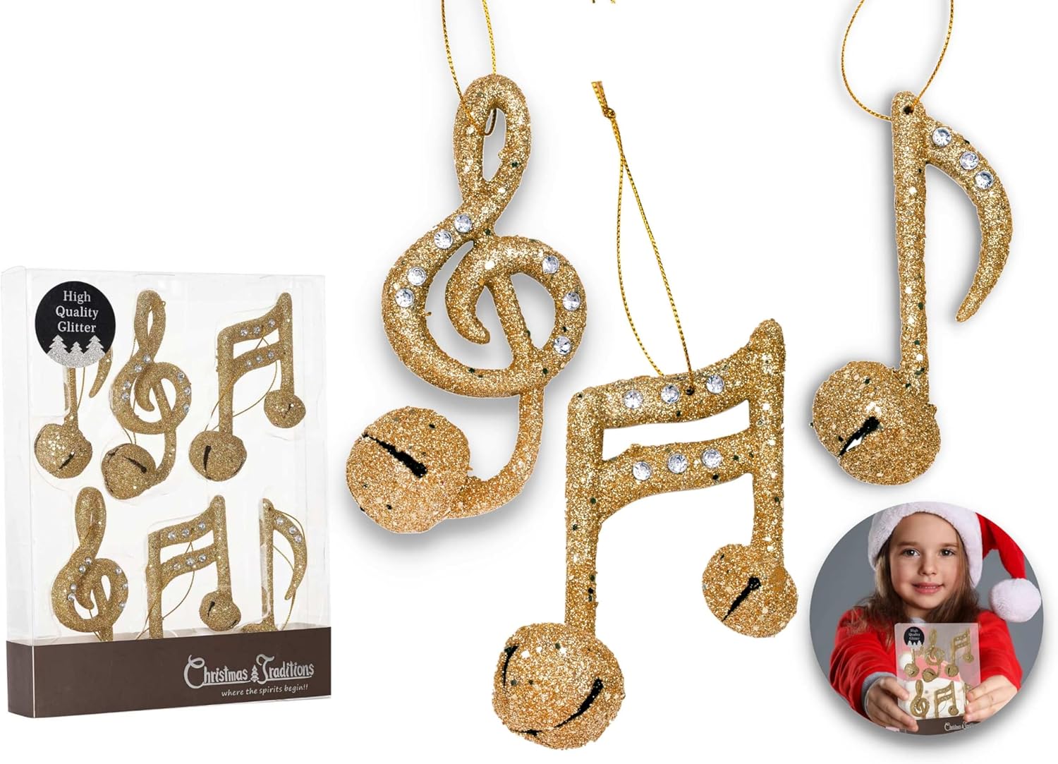 Christmas Traditions 4″ Gold Glittered Christmas Hanging Musical Ornaments Musical Notes with Metal Bell Tree Decorations Quarter Note/Eighth Note/Treble Clef 3 Styles asst. (Set of 6) (Gold)