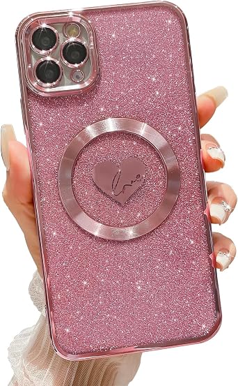 Compatible with iPhone 11 Pro Max 6.5 Inch Case with Magsafe, Plating Heart Glitter Magnetic Case for Women Girl TPU Camera Protection Back Cover for iPhone 11 Pro Max Pink