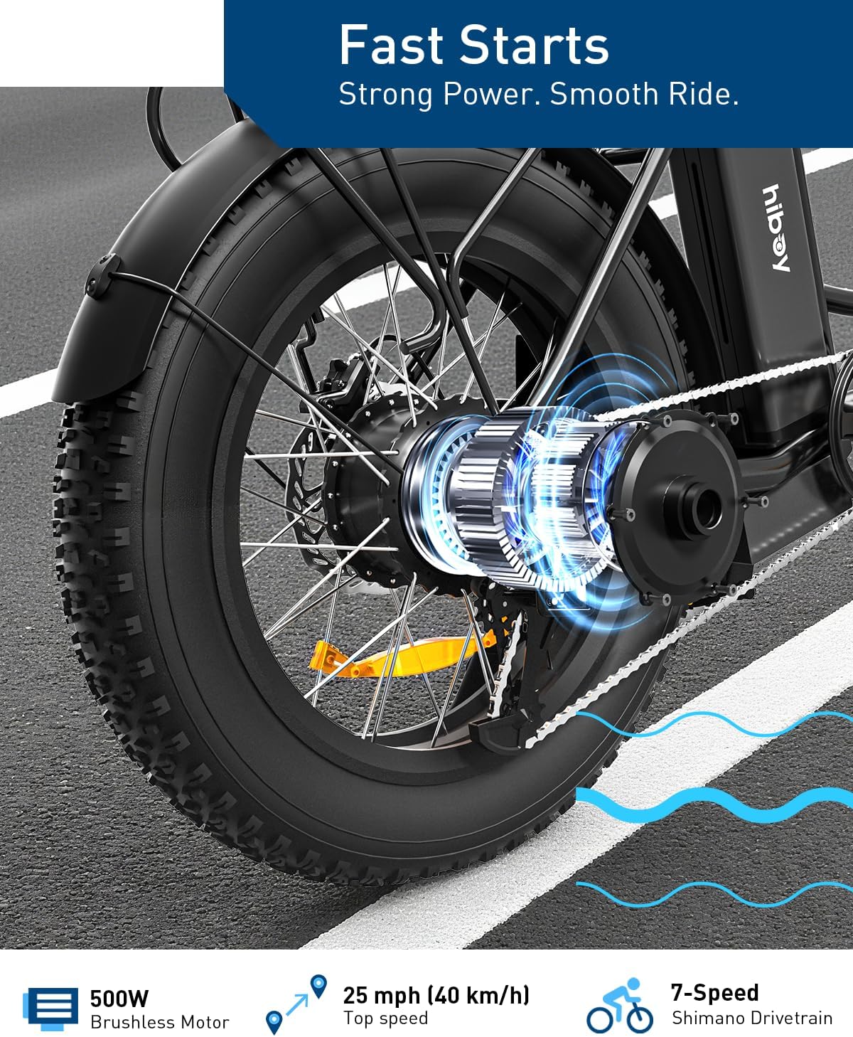 Hiboy EX6 500W brushless motor, 25 mph top speed, and 7-speed Shimano drivetrain