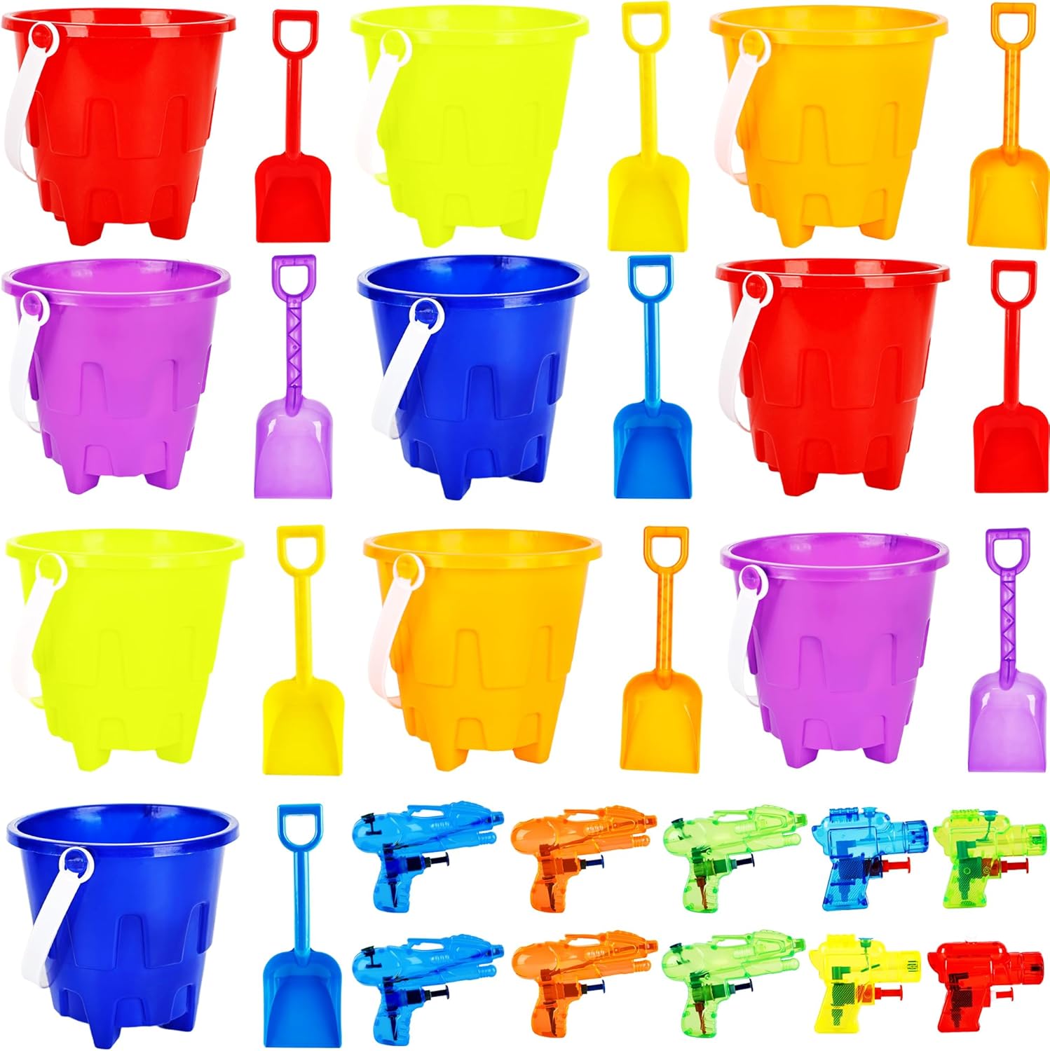 30 Pack Sand Castles 5 Inch Beach Buckets and Shovel Set Including 10 Plastic Buckets 10 Sand Shovel Sand Pail Bulk with10 Water Gun for Kids Summer Seaside Beach Pool Party