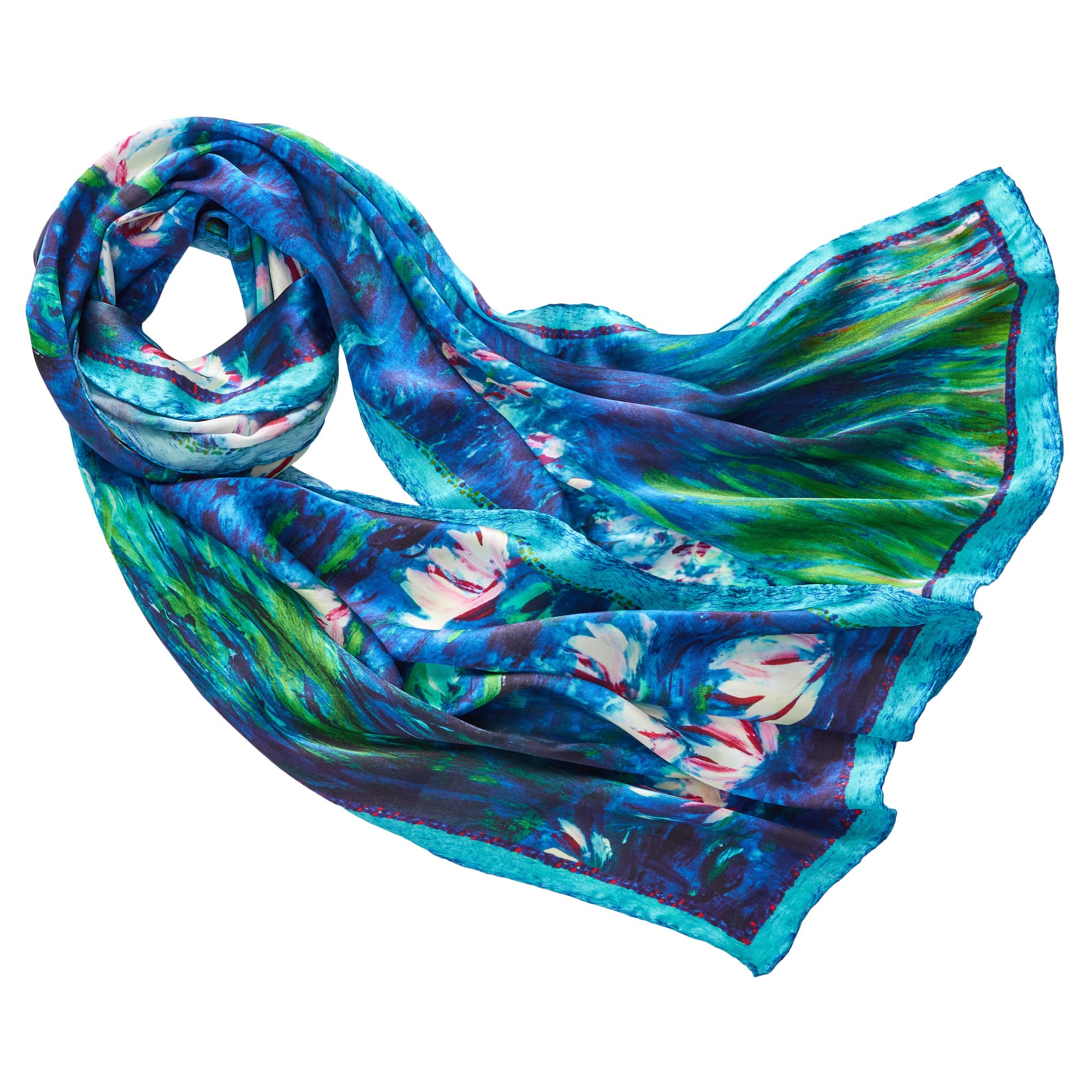 Prettystern blue Grenn Art painting pure Silk long Scarf Claude Monet Water Lilies, Nympheas P551