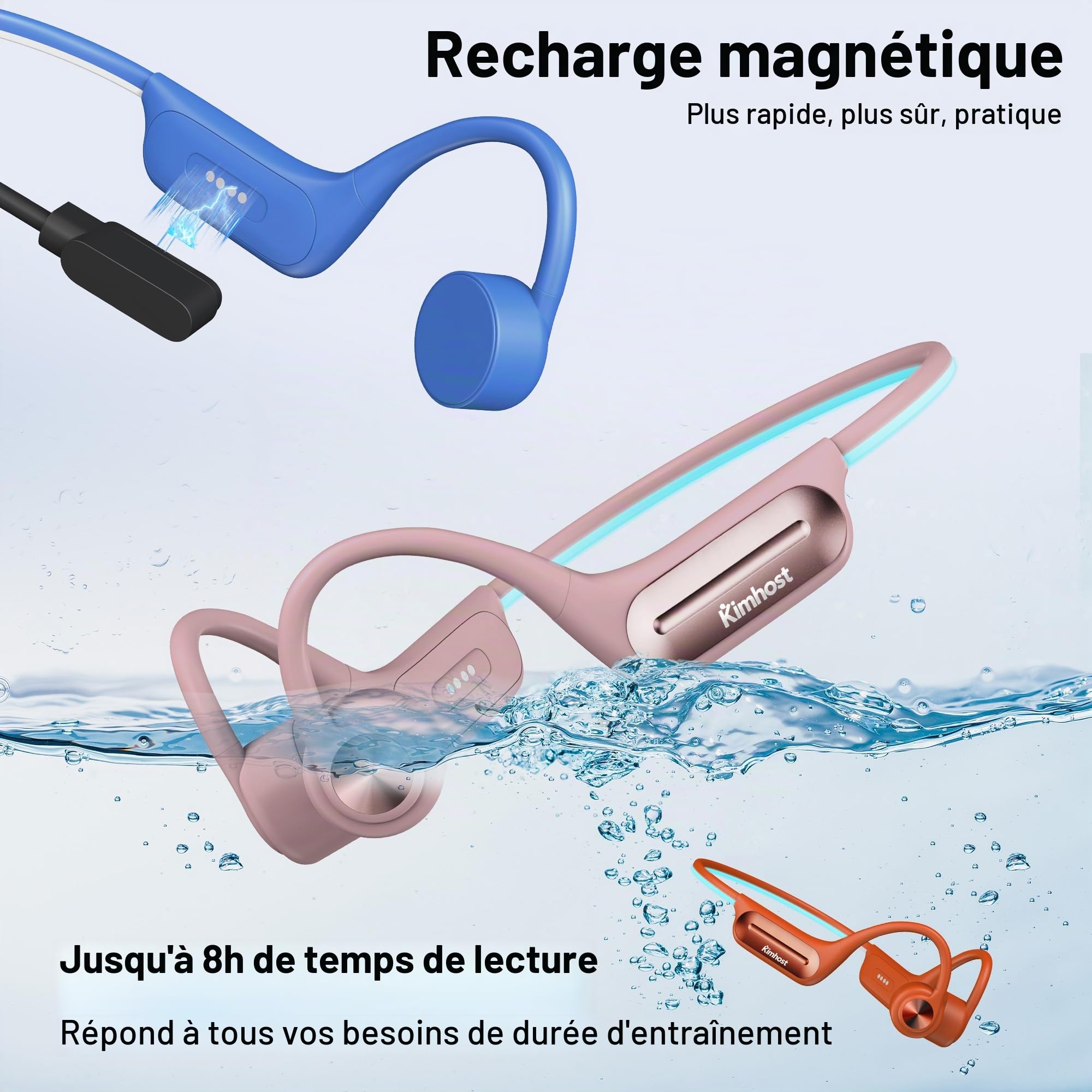 Casque Conduction Osseuse Natation, Open Ear Bluetooth 5.3 Écouteur Natation IP68 Étanche, Mémoire MP3 32G, pour Sport, Natation, Cyclisme, Course à Pied (Rose)