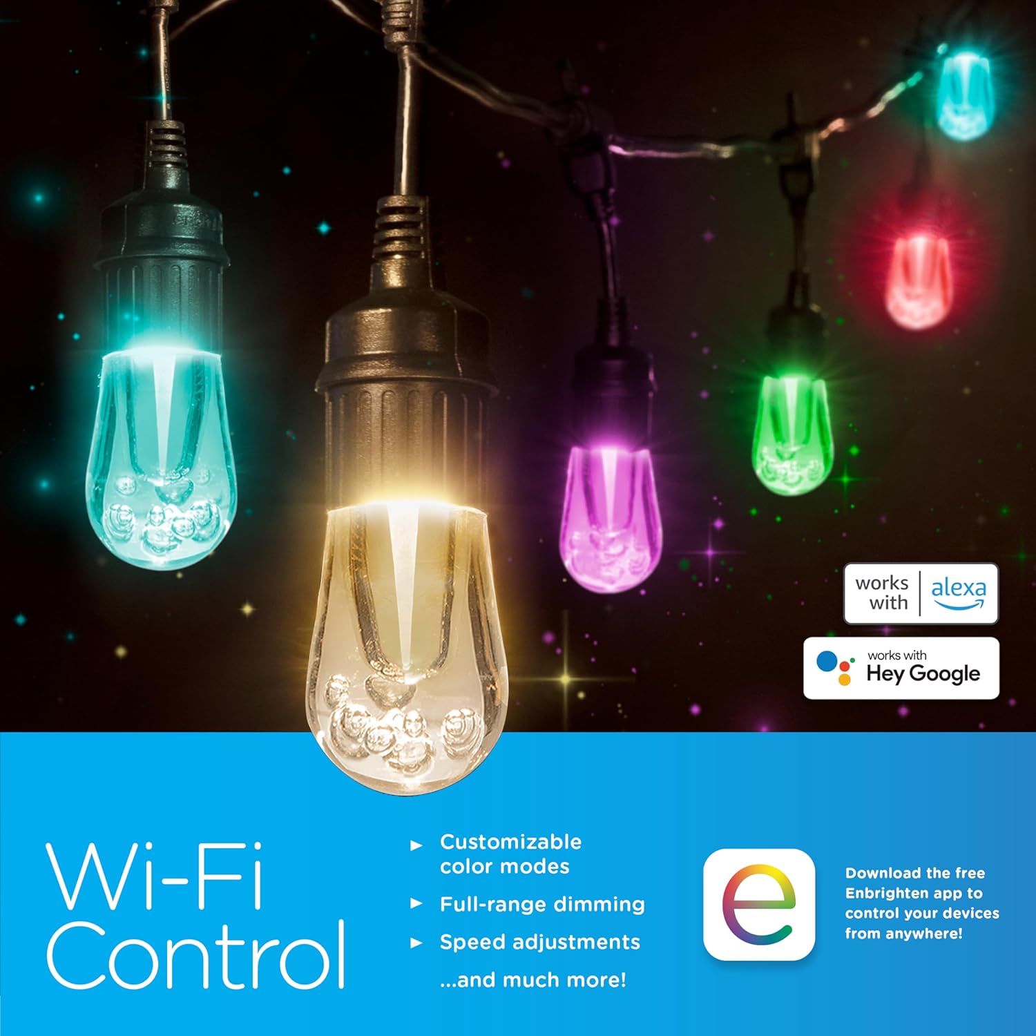 Enbrighten LED Wi-Fi Smart Vintage Café Lights, 24ft, Multicolored/White, Patio, Backyard, Deck, Porch, Outdoor Lighting, Various Color Options, Smart Control, Bluetooth, Vintage Bulbs, 57414