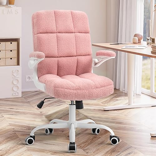SEATZONE Pink Office Chair Ergonomic Pink Desk Chair with Flip-up Arms, Height Adjustable Rolling Desk Chairs with Wheels, Faux Fur Comfy Office Chairs for Women and Girls, Teddy Fleece Material - 19.7D x 19.7W x 42.2H in - Velvet-pink