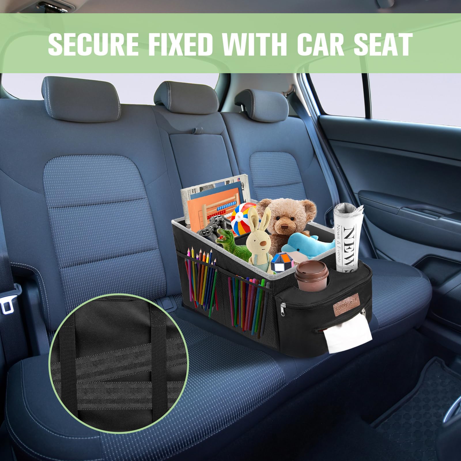 FUNNy elf Organizador de asiento de coche, organizador de asiento de pasajero, almacenamiento plegable con particiones y 4 portavasos para asiento delantero o trasero (blanco)