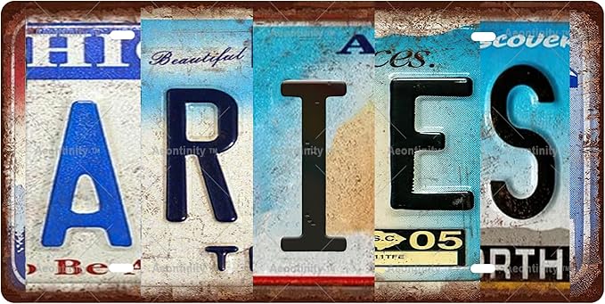 ARIES Zodiac Sign Vintage Metal Tin Sign License Plate Bar Cafe Garage Cave Home Room Wall Bathroom Farmhouse Garden Porch Patio Decor, 12 x 6 Inch