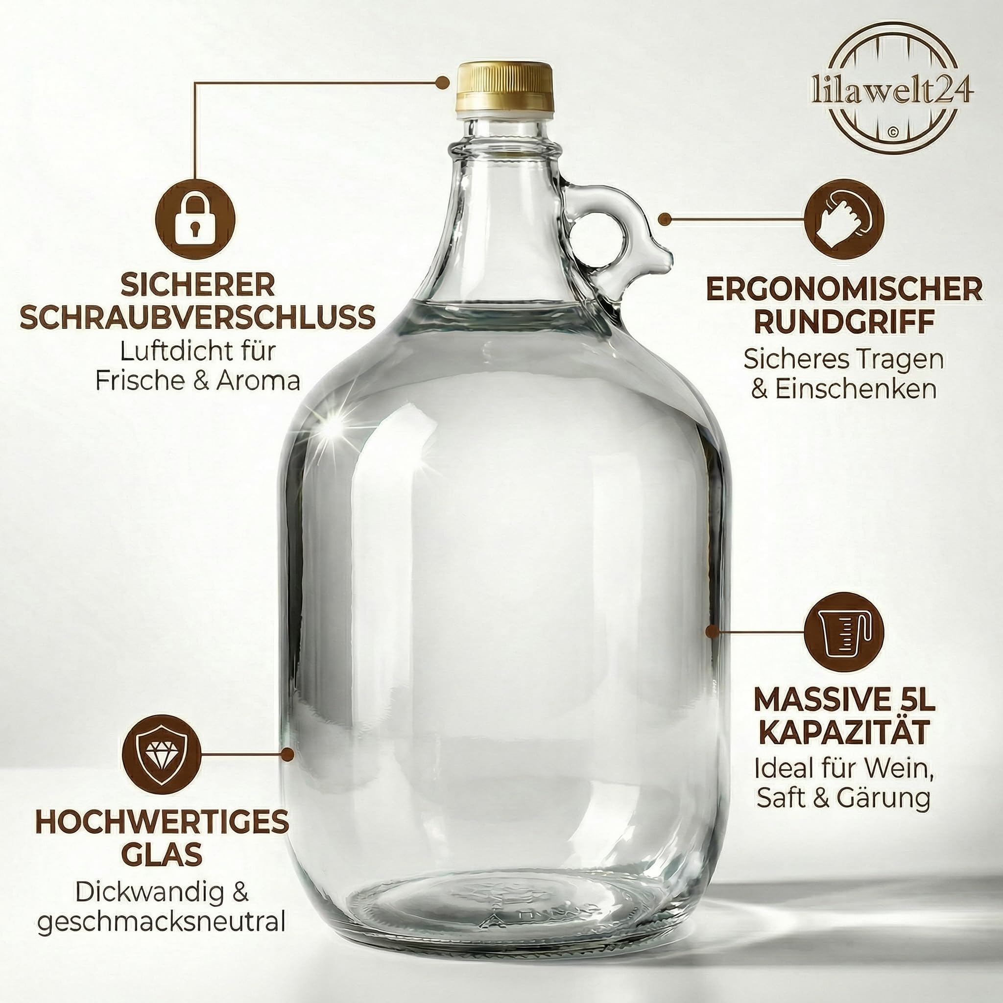 lilawelt24 6 x 5L Glasballon (Gallone) mit Rundgriff & Schraubverschluss - Glasflasche mit Henkel für Wein, Gärung & Saft