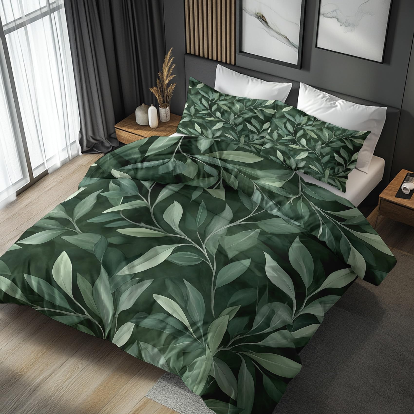 Nogawa Green Leaf King Size Duvet Cover Sets - Leaves Bedding Set - Reversible Quilt Cover & 2 Pillowcases With Zip And Ties, Ultra Soft And Non Iron Brushed Microfibre Bed Set 230X220