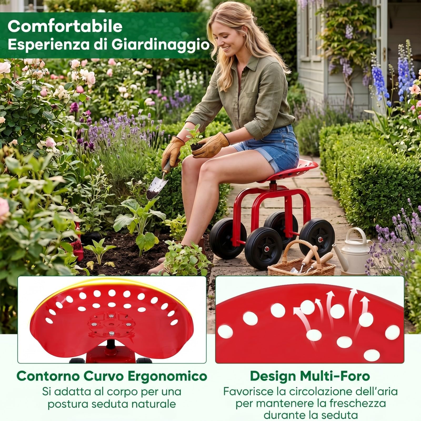 COSTWAY Sgabello con Ruote per Giardinaggio, Sedile con Ruote Regolabile in Altezza e Portatile, Seggiolino da Giardino, Prato e Cortile, Portata 150kg (Rosso)