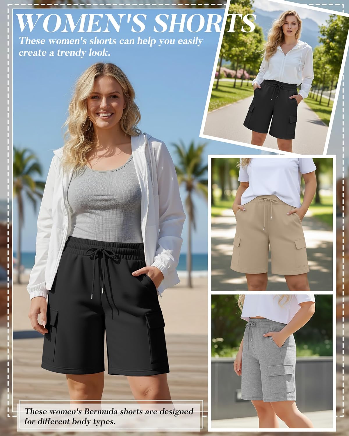 Neer 3 Pack Women's Plus Size Cargo Shorts Elastic Drawstring Bermuda Short Casual Loose Athletic Yoga Shorts with 4 Pockets - Image 3