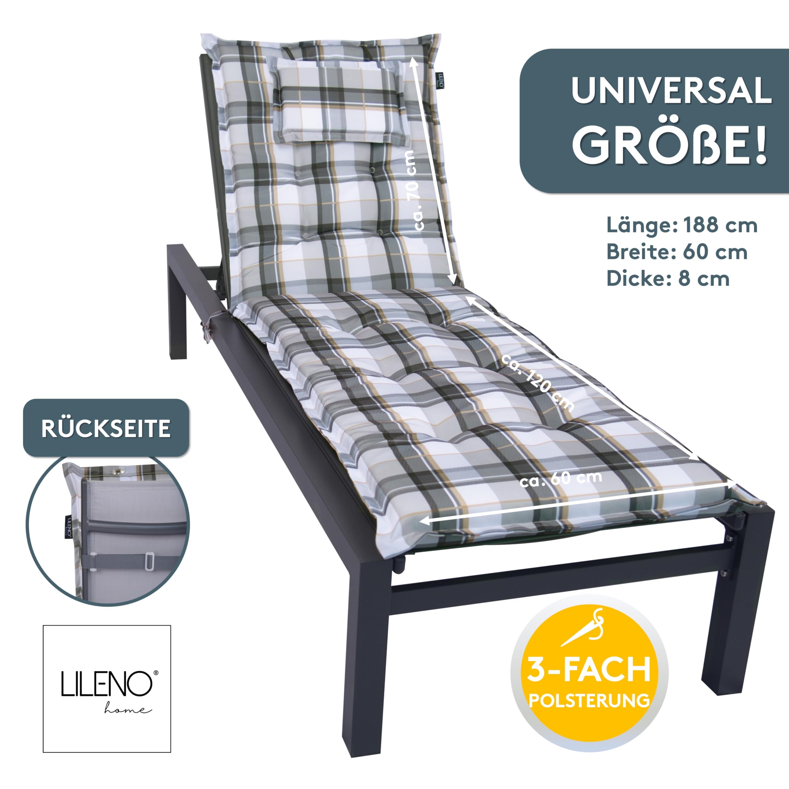 LILENO HOME Mar 1 cuscino per lettino a rotelle e sdraio da spiaggia, grigio a quadri Y, cuscino imbottito per lettino da giardino (188 x 60 x 8 cm)