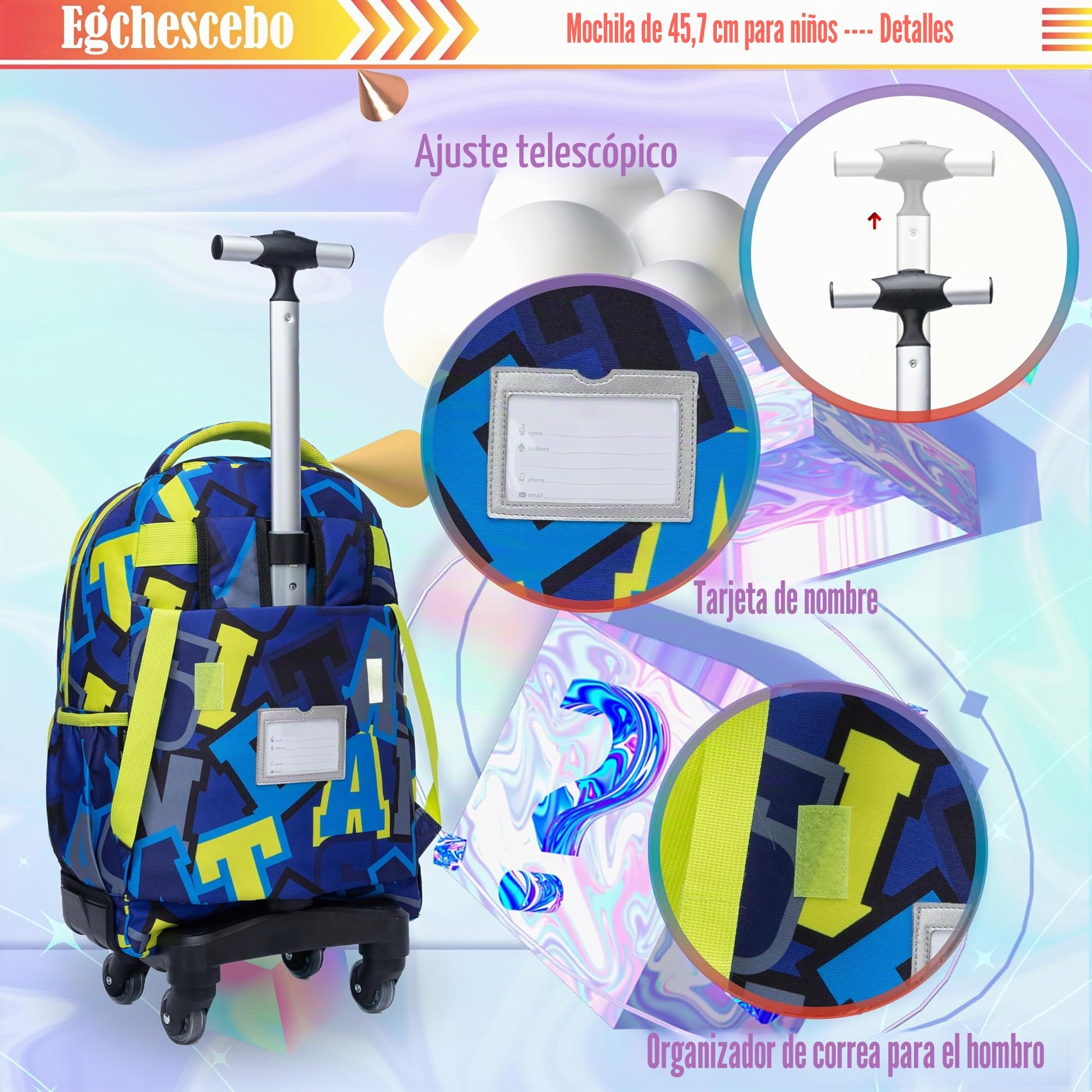 Mochilas Escolares con Ruedas Carro Niño Rodillos Giratorios Carrito para Escolar Bolso de Viaje Estuche Stitch Chicos 17" 3PCS Maleta Colegio Grande Infantil Niños Alfabeto Amarillo
