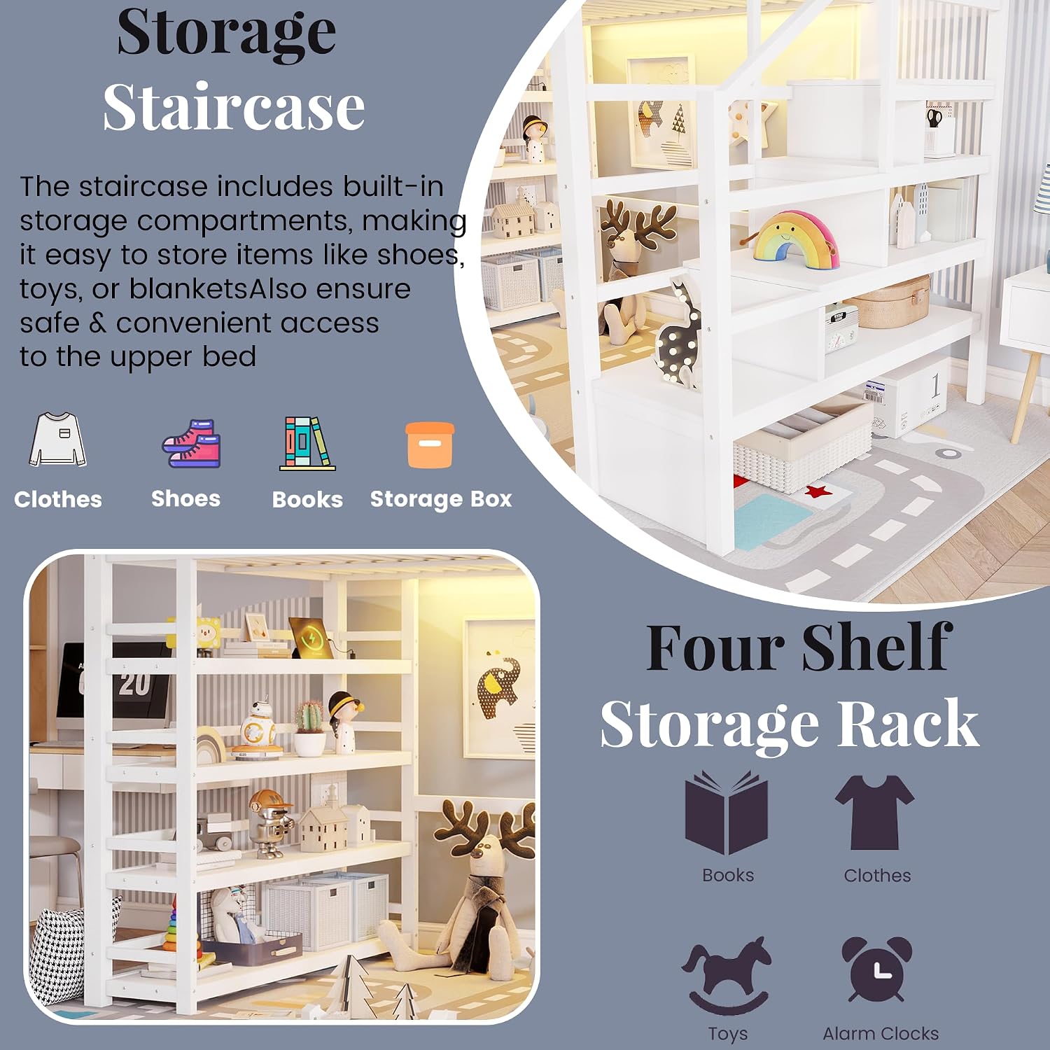 Full Size Loft Bed with Stairs and Storage Rack, Metal Gaming Loft Beds with LED and Charging Station, High Loft Bed with Upper Shelf & Tall Guardrails for Kids Teens, Adults, White