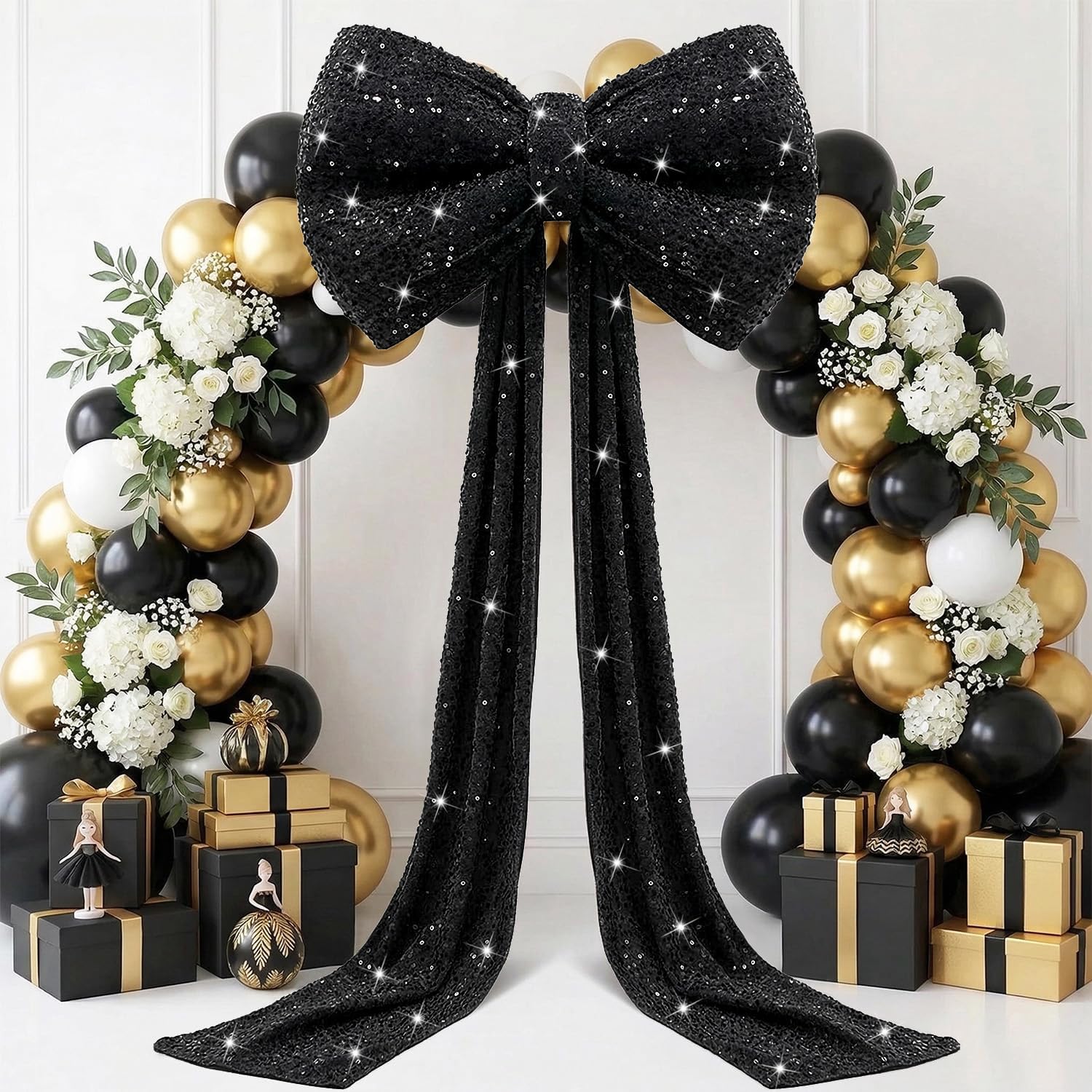 Big Black Bow for Themed Party Decorations, 75x23 Inch Oversized Bow Wall Decor Black Sparkly Velvet Bows Long Ribbon Tie Hanging for Backdrop Coquette Room Decor Birthday Wedding Supplies