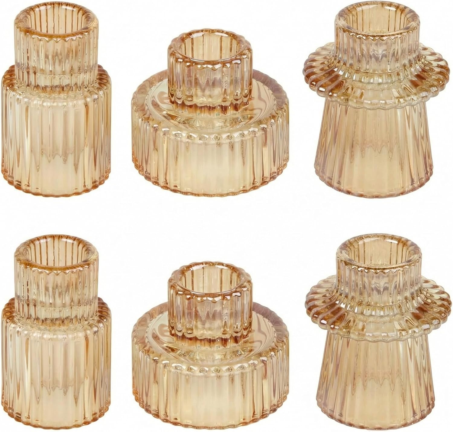Vintage Amber Glass Candle Holders Set of 6-3 Unique Styles with Matched Pairs, Tealight Holders, Centerpieces for Wedding, Farmhouse, Dining Table Decor