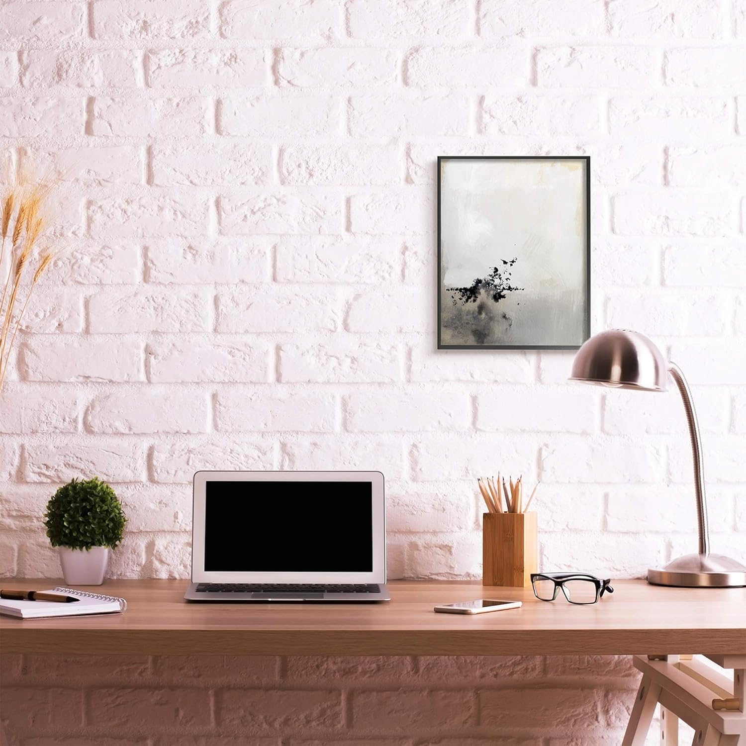 Stupell Industries Minimal Neutral Abstract Painting Splatter, Design by Victoria Barnes Black Framed Wall Art, 16 x 20, Grey