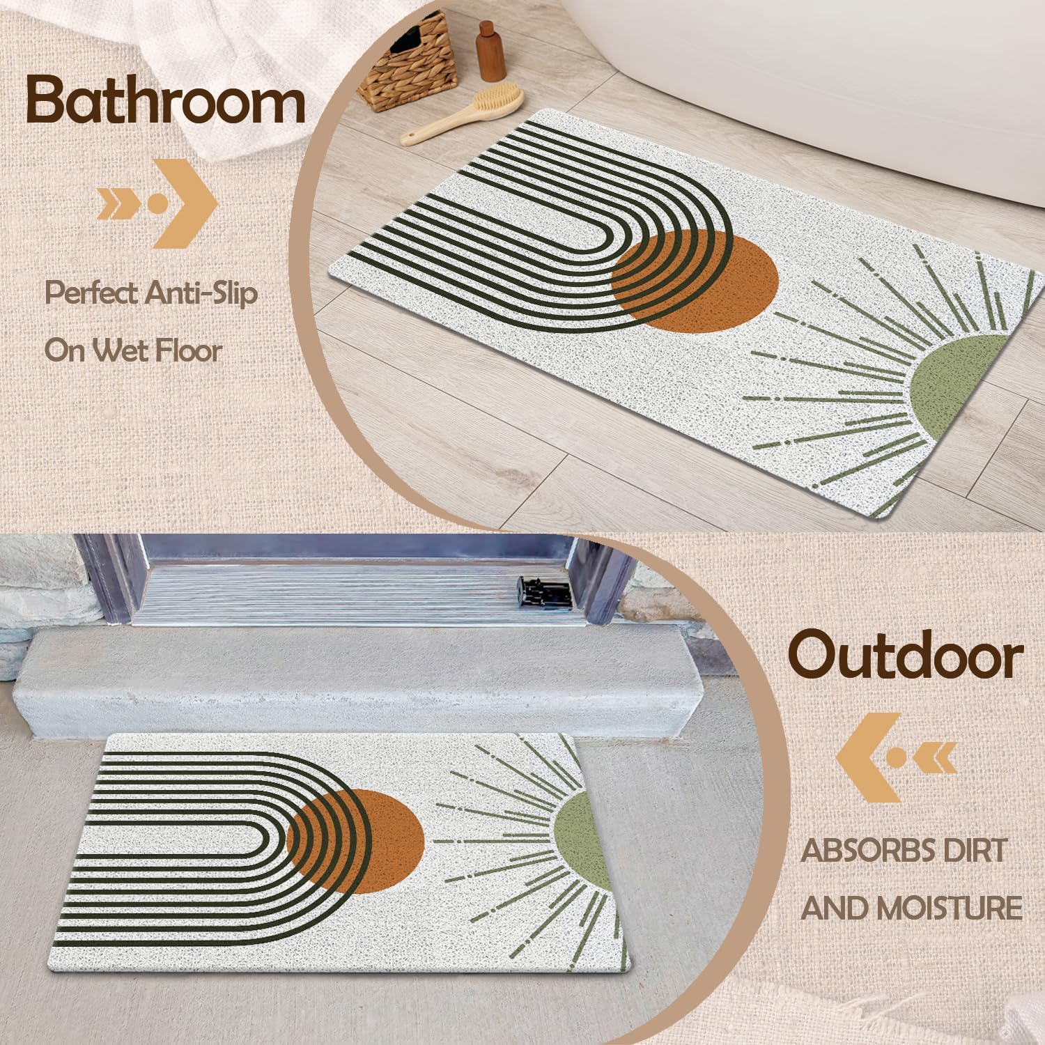 Abstract Boho Door Mat, Modern Century Modern Boho Terracotta Sun Welcome Mats Doormat for Front Door Porch Indoor Outdoor Entrance Entryway, Sun Bath Mat, 17x30 Inch