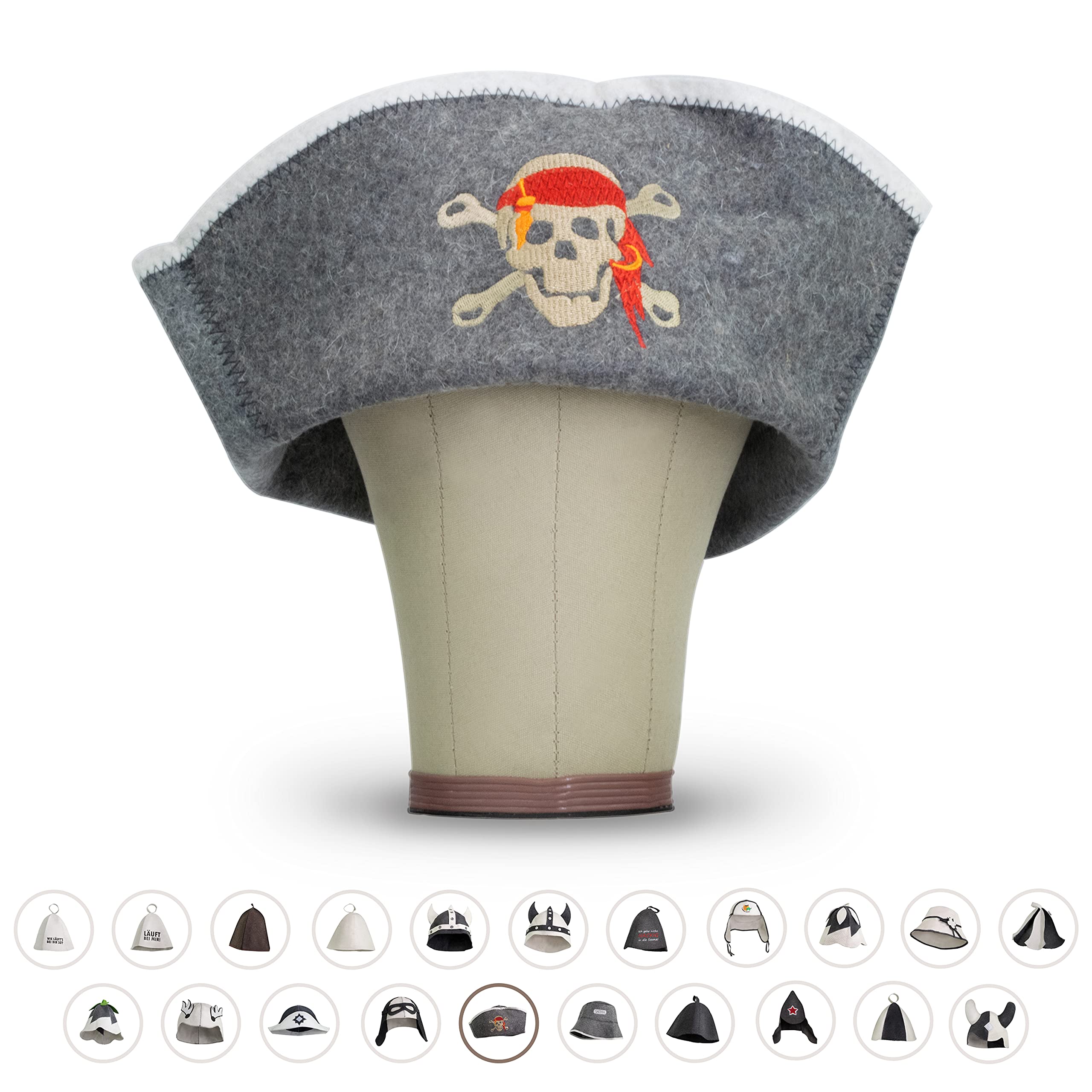 LoWell® czapka do sauny – filcowa czapka dla kobiet i mężczyzn, w zestawie poradnik użytkownika sauny – idealny dodatek do sauny dla wyjątkowego doświadczenia spa – czapka do sauny z motywem pirata