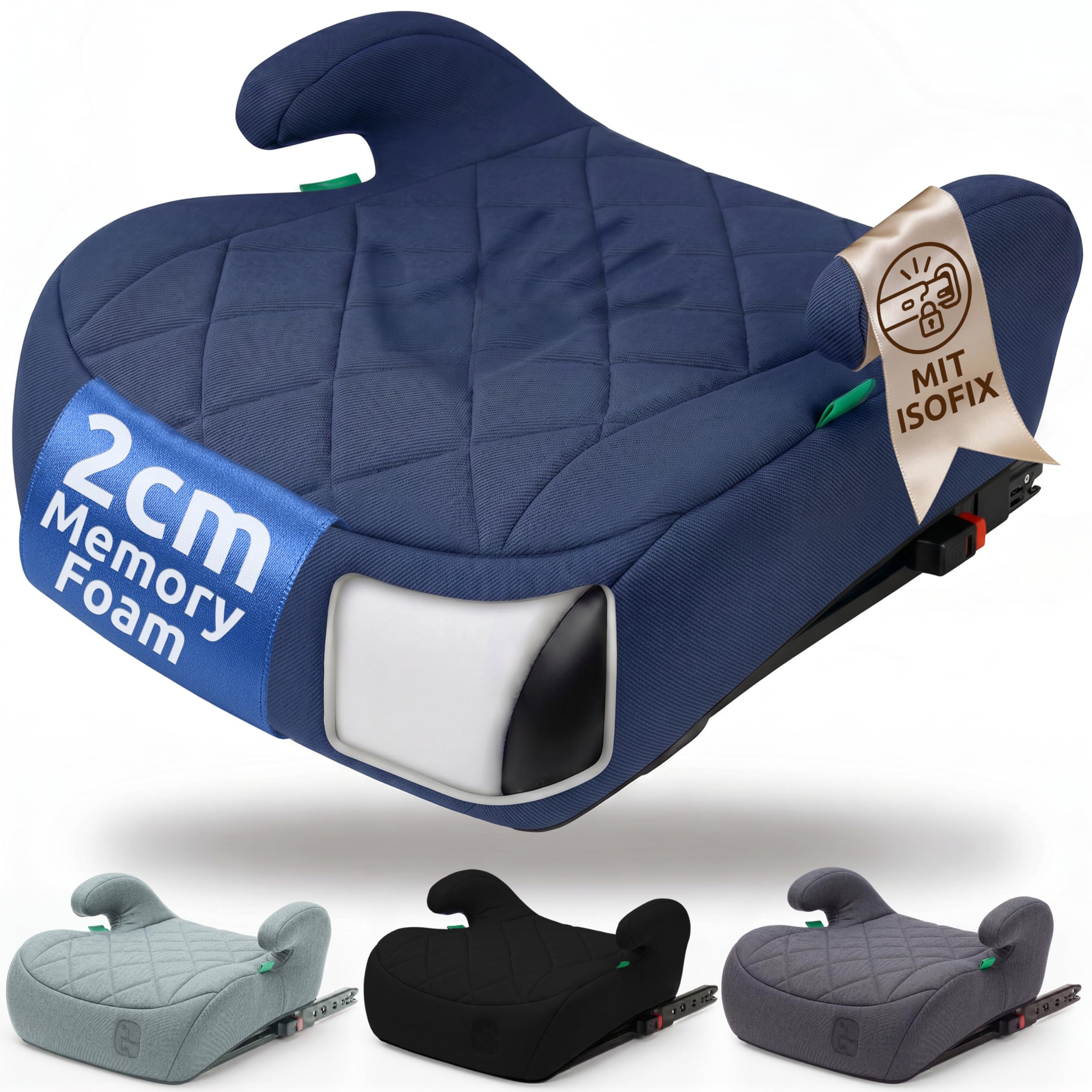 Mallie® Premium Kindersitzerhöhung Isofix mit 2 cm Memory Foam | Sitzerhöhung Auto Kinder 15-36 kg, ECE R129 | Kindersitz Isofix ab 6 Jahre, 125-150 cm (Blau)