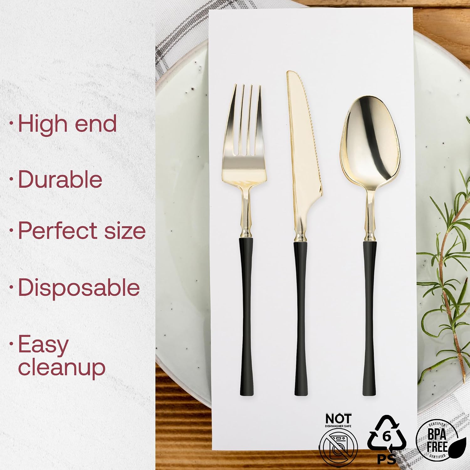 Smarty Had A Party 240 Gold with Black Handle Disposable Plastic Forks, Heavy Duty BPA Free Flatware, Stylish Party Cutlery for Weddings and Events
