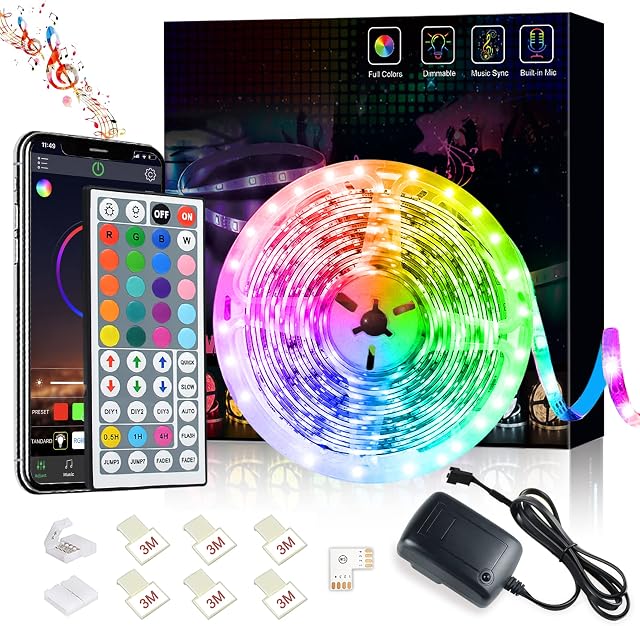 Romwish LED Strip Light 5M, 16.4FT RGB SMD 5050 Bluetooth Music Sync Smart Color Changing Rope Lights, 44 Keys Remote Control, Timing Function,with for Kitchen, Bedroom, TV, Party