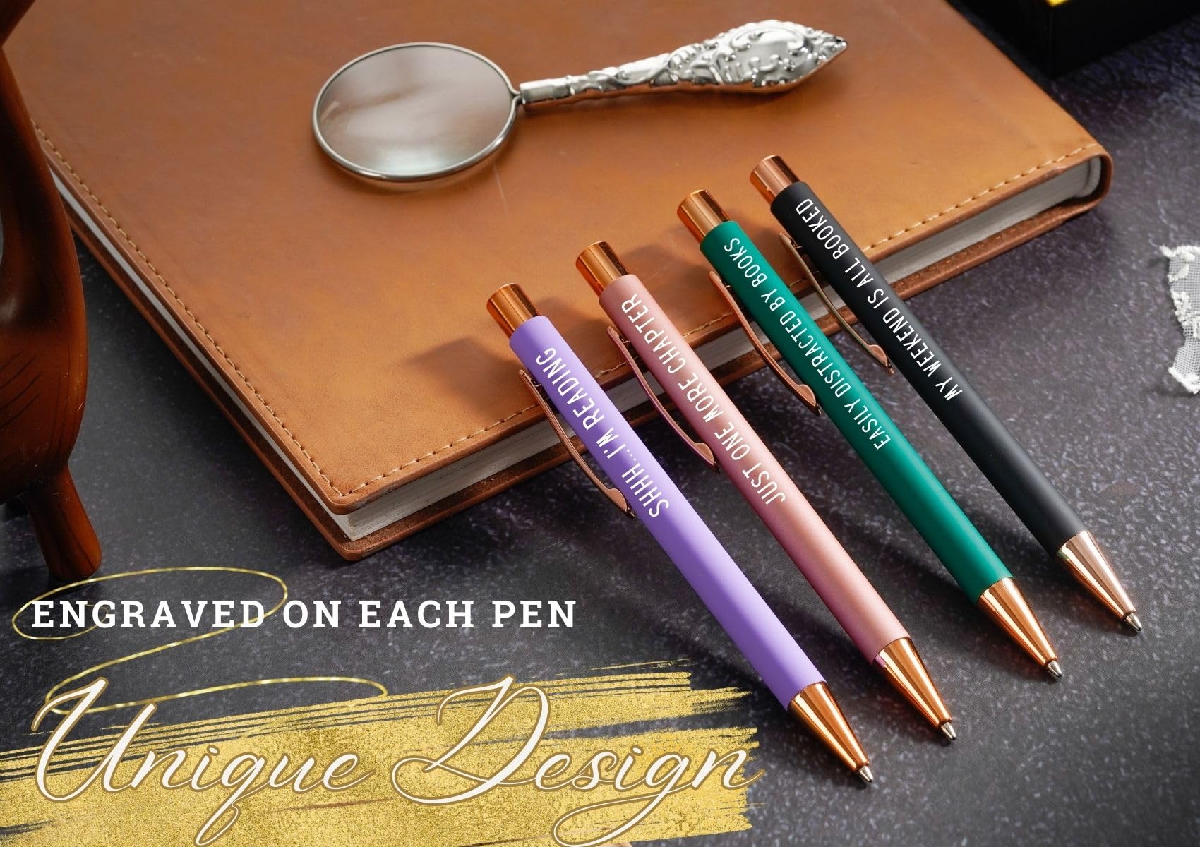 Book Lover Pen Set - 4 Rose Gold Ballpoint Pens With Literary Quotes For Readers & Bookworms