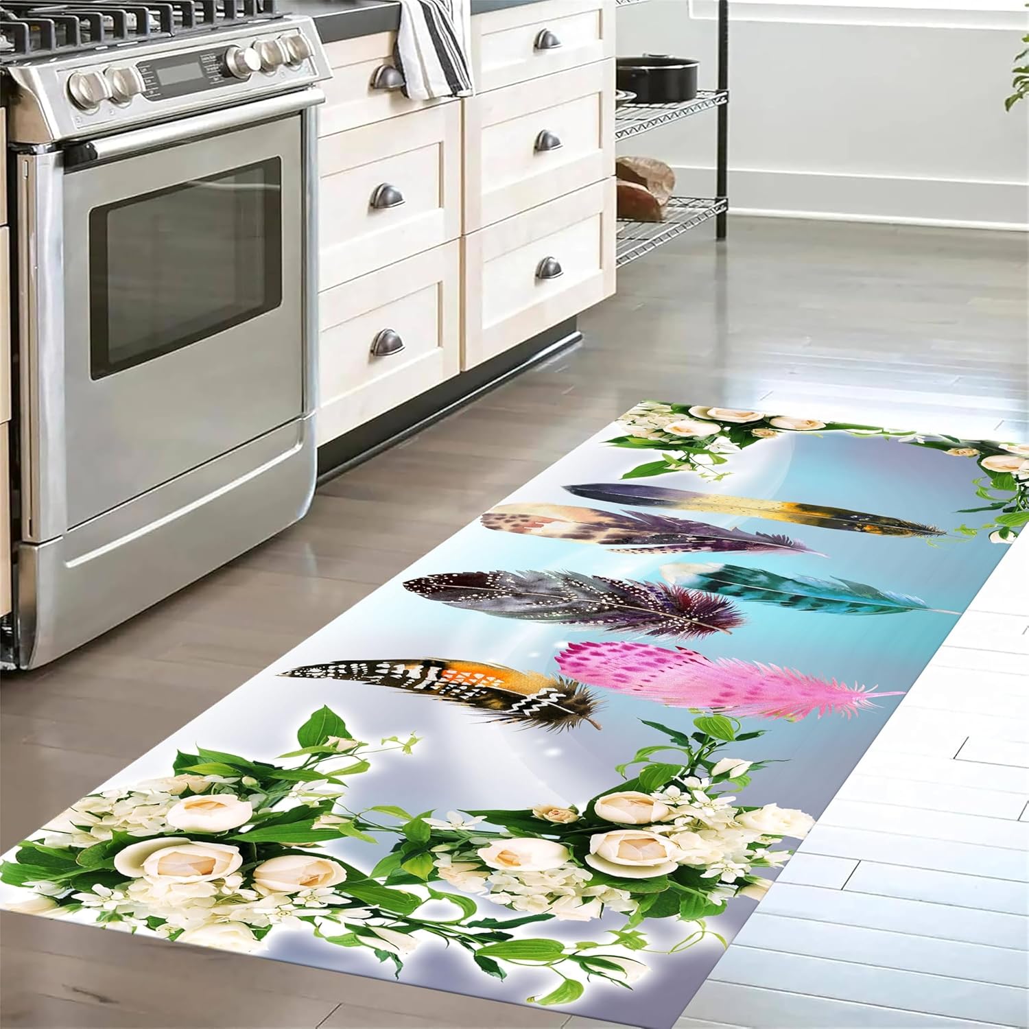 RUGROOMRosette Hallway Rug 2x4ft Indoor Runner Rugs Colourful Feather Rosette Pattern Washable Rugs Durable Non-Slip Rug Gradient Hallway Carpet Entrance Mat Balcony Floral Carpet