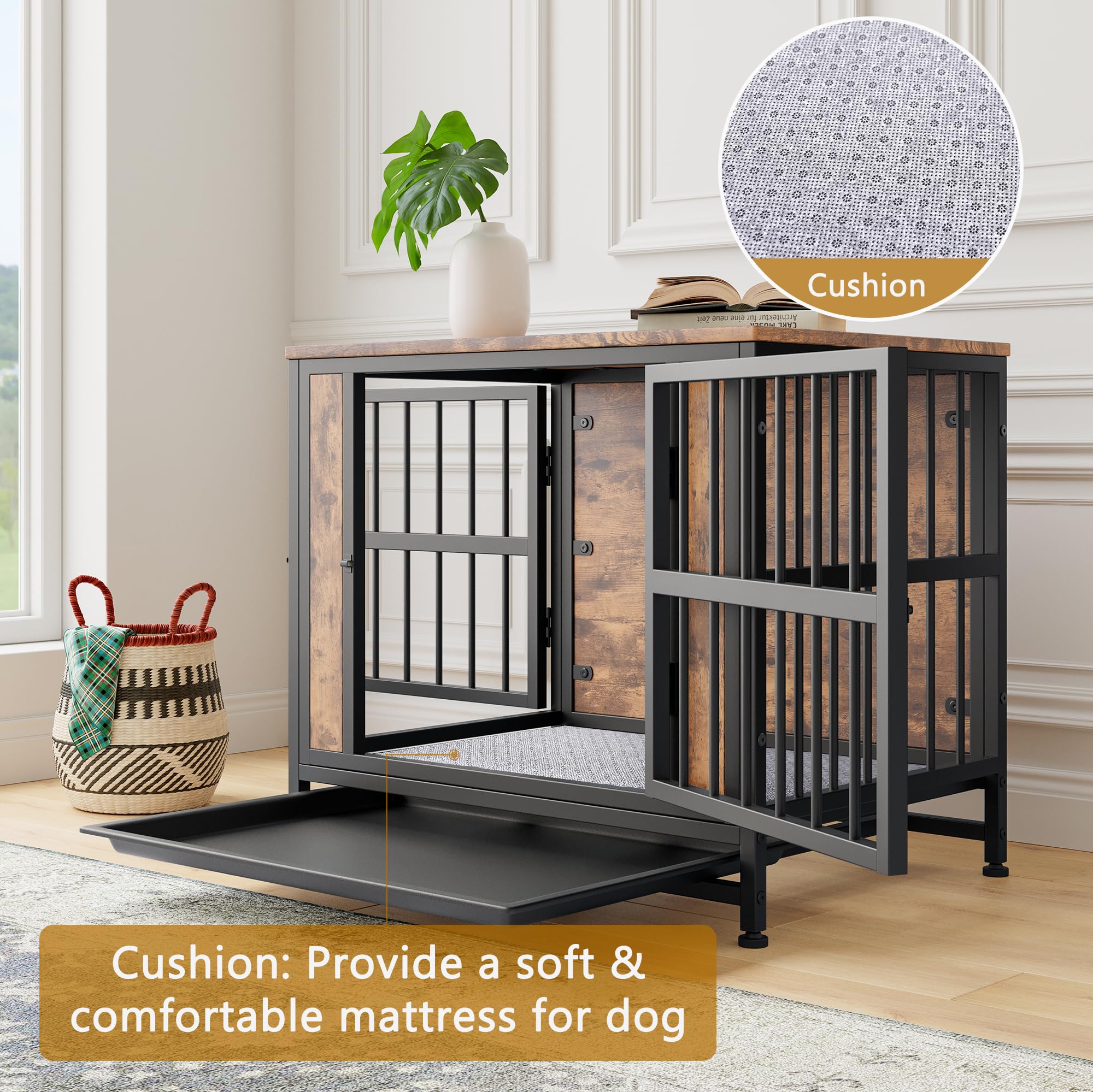 Muebles de jaula para perros, jaula resistente para perros grandes/medianos, caseta de madera para interiores, casa para perros con bandeja extraíble, mesa auxiliar de jaula para mascotas de