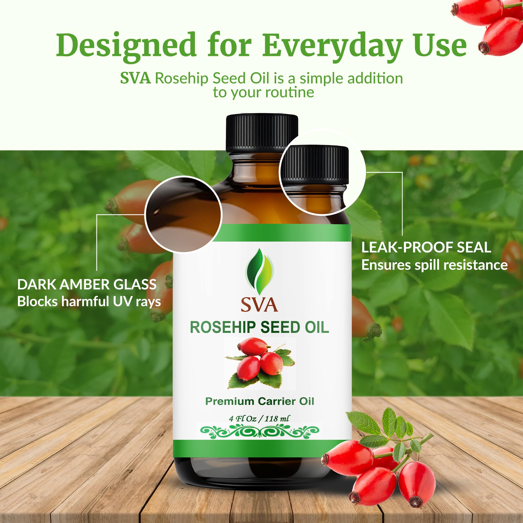 SVA ORGANICS Hagebuttenöl, kaltgepresst, 100% reines und natürliches, unraffiniertes Trägeröl in therapeutischer Qualität mit Pipette für Gesicht, Haut, Körper, Lippen, 4 oz