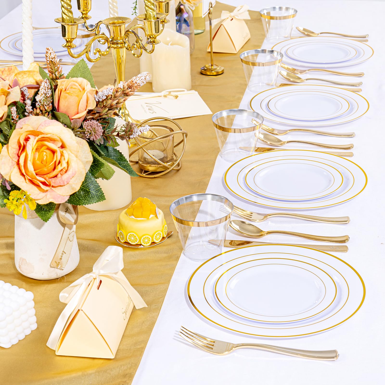 600pc Gold Trim Plastic Dinnerware Set For Party: 100 Dinner Plates, 100 Dessert Plates, 300 Cutlery