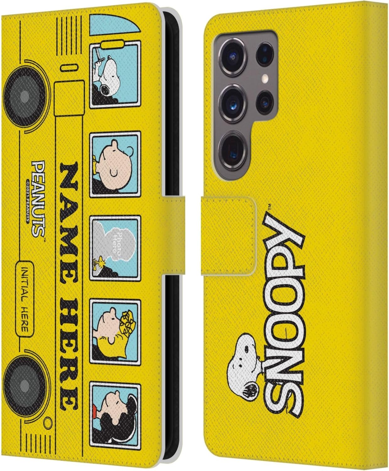 Head Case Designs Officially Licensed Custom Customized Personalized Peanuts Yellow Bus Art Leather Wallet Case Compatible with Samsung Galaxy S24 Ultra 5G