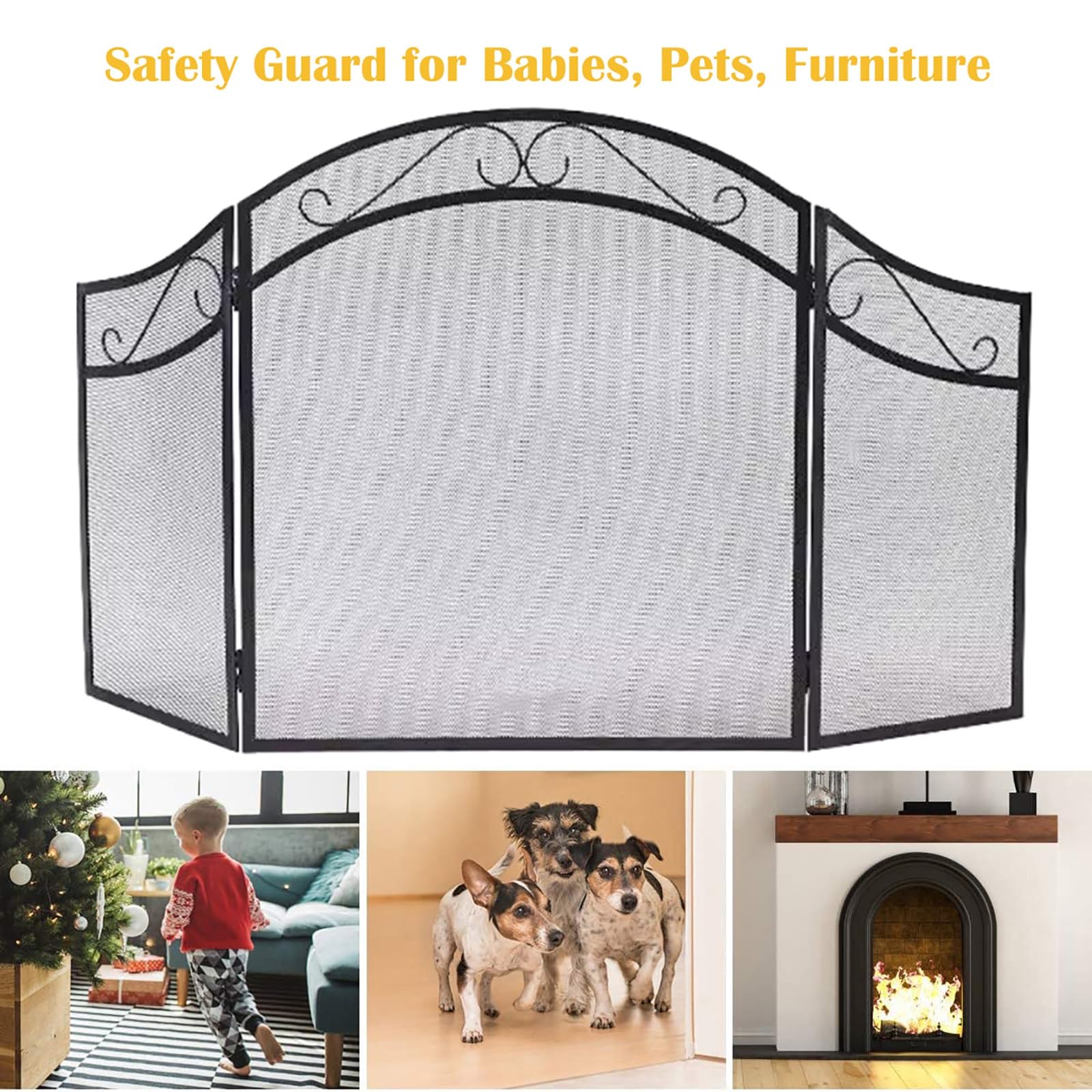GTPBAO Salvachispas Chimenea Pantalla De Malla De Hierro Forjado Negra para Chimenea: Protector De Chispas Plegable De 3 Paneles para Estufa De Leña, 128×78cm
