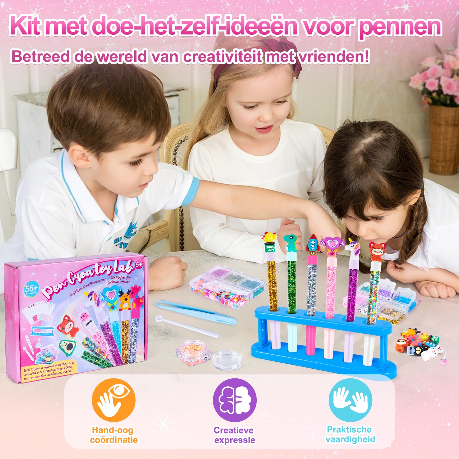 Kazzley 73 stuks doe-het-zelf pennen met 73 accessoires, knutselset voor kinderen vanaf 6 jaar, cadeau-ideeën voor de eerste schooldag, cadeau voor meisjes en jongens vanaf 5 tot