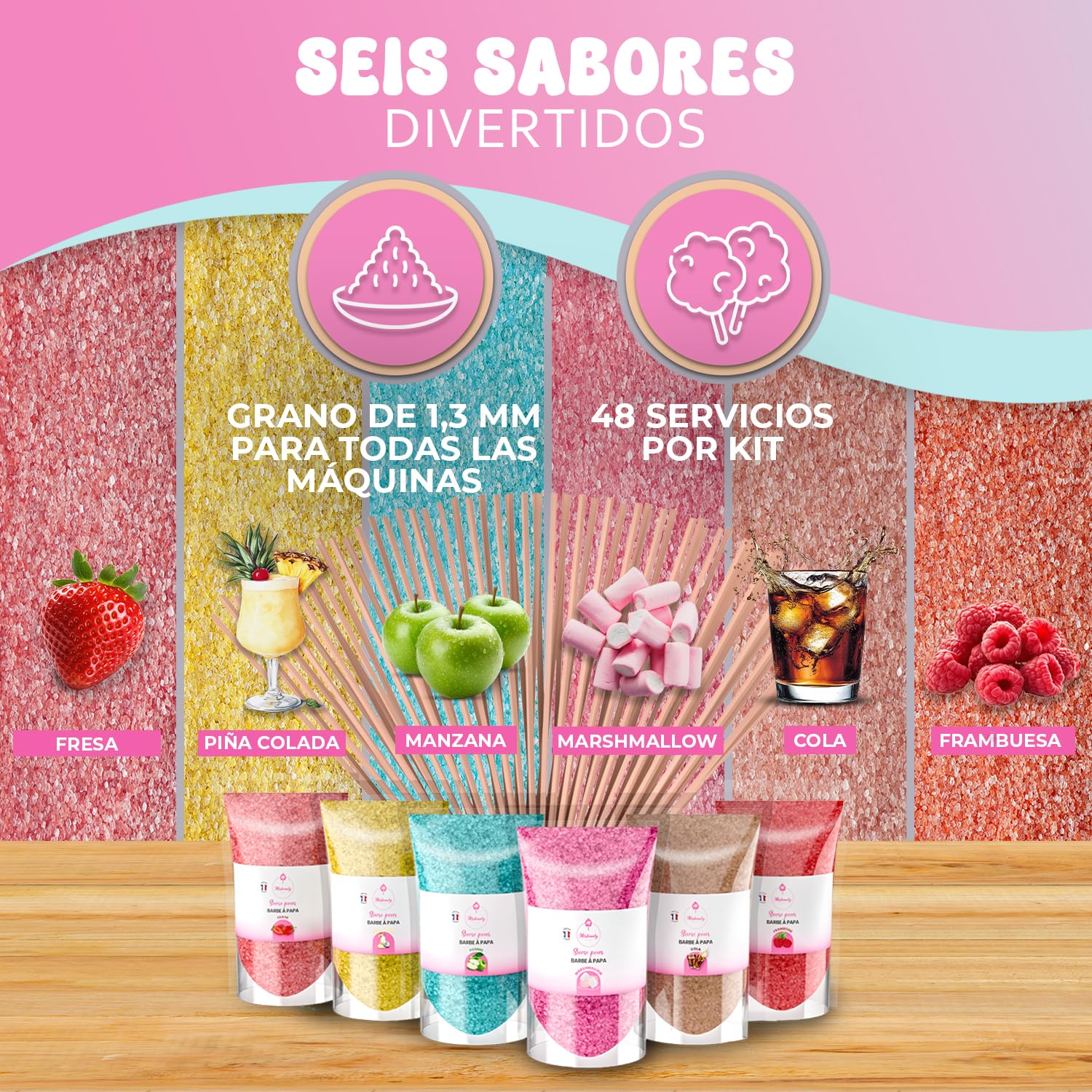 Misskandy, algodón de azúcar para la máquina (6 * 160 Gr) / sabores:fresa,pina colada, manzana, malvavisco, cola, frambuesa + 20 barritas de (30 cm)