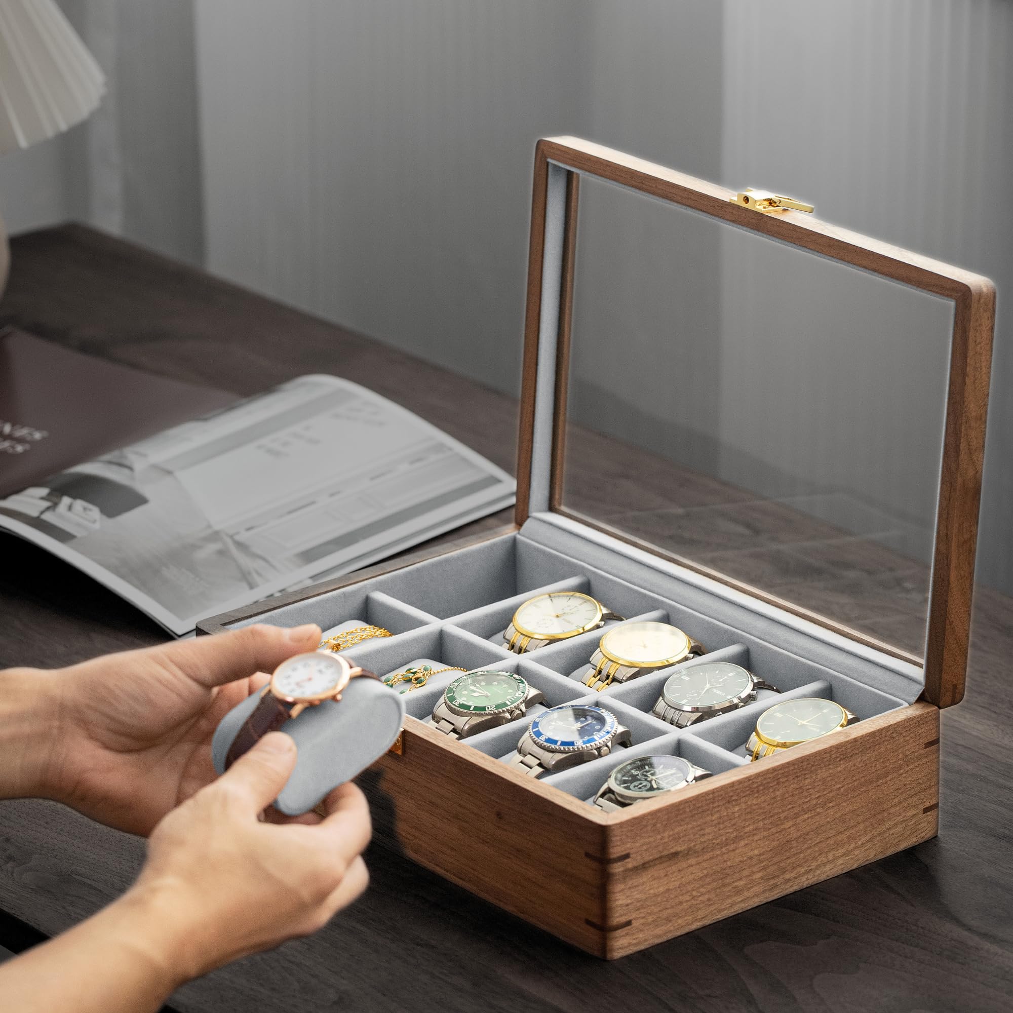 muso wood Boîte de présentation pour montres à 10 emplacements pour homme, boîte de rangement de montres avec couvercle en verre, boîtier de montre avec coussin amovible en velours, cadeau de fête des