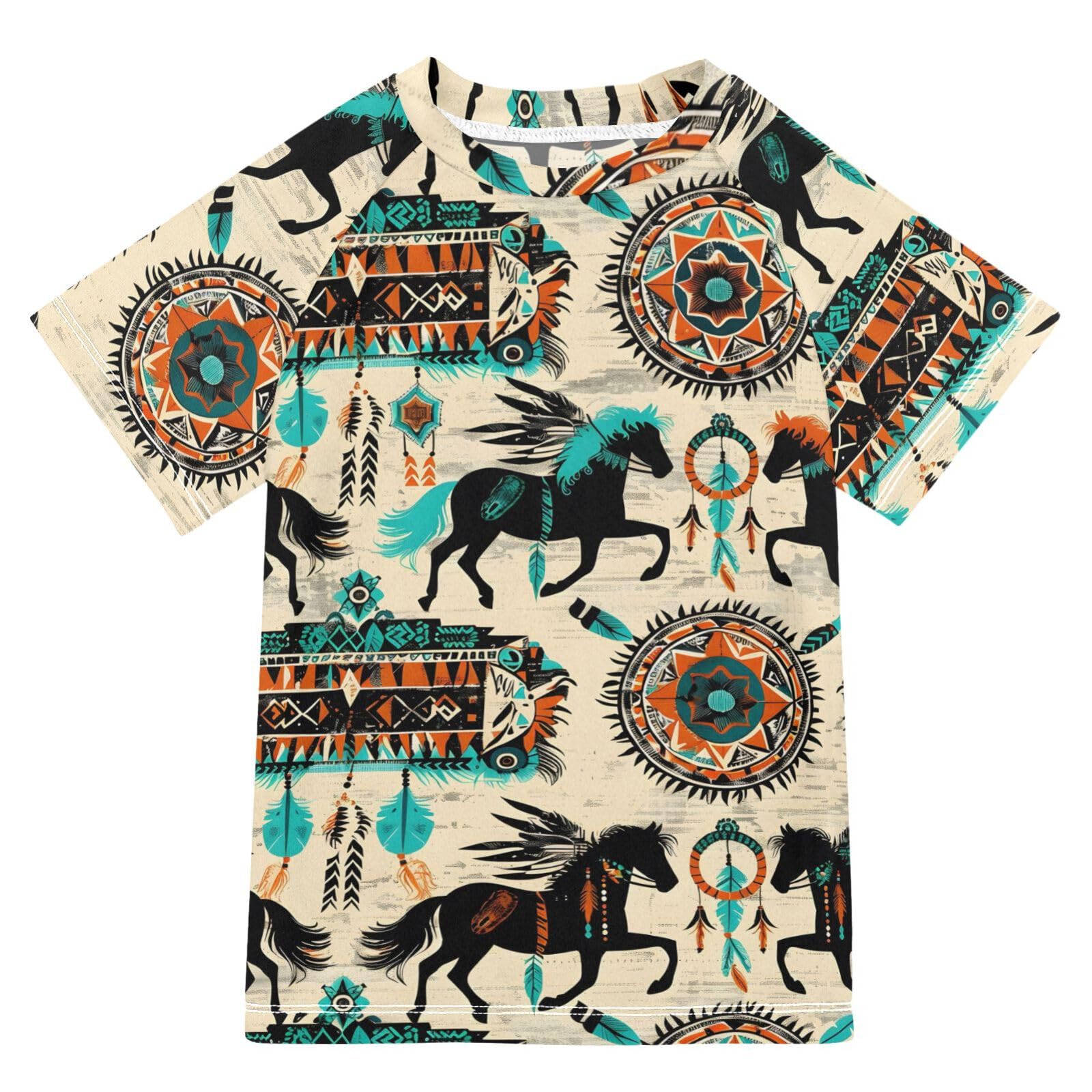 ALAZA Boys Swim Shirts Toddler Rash Guard Short Sleeve Rashguard Horse Indian UPF 50+ 11-12T