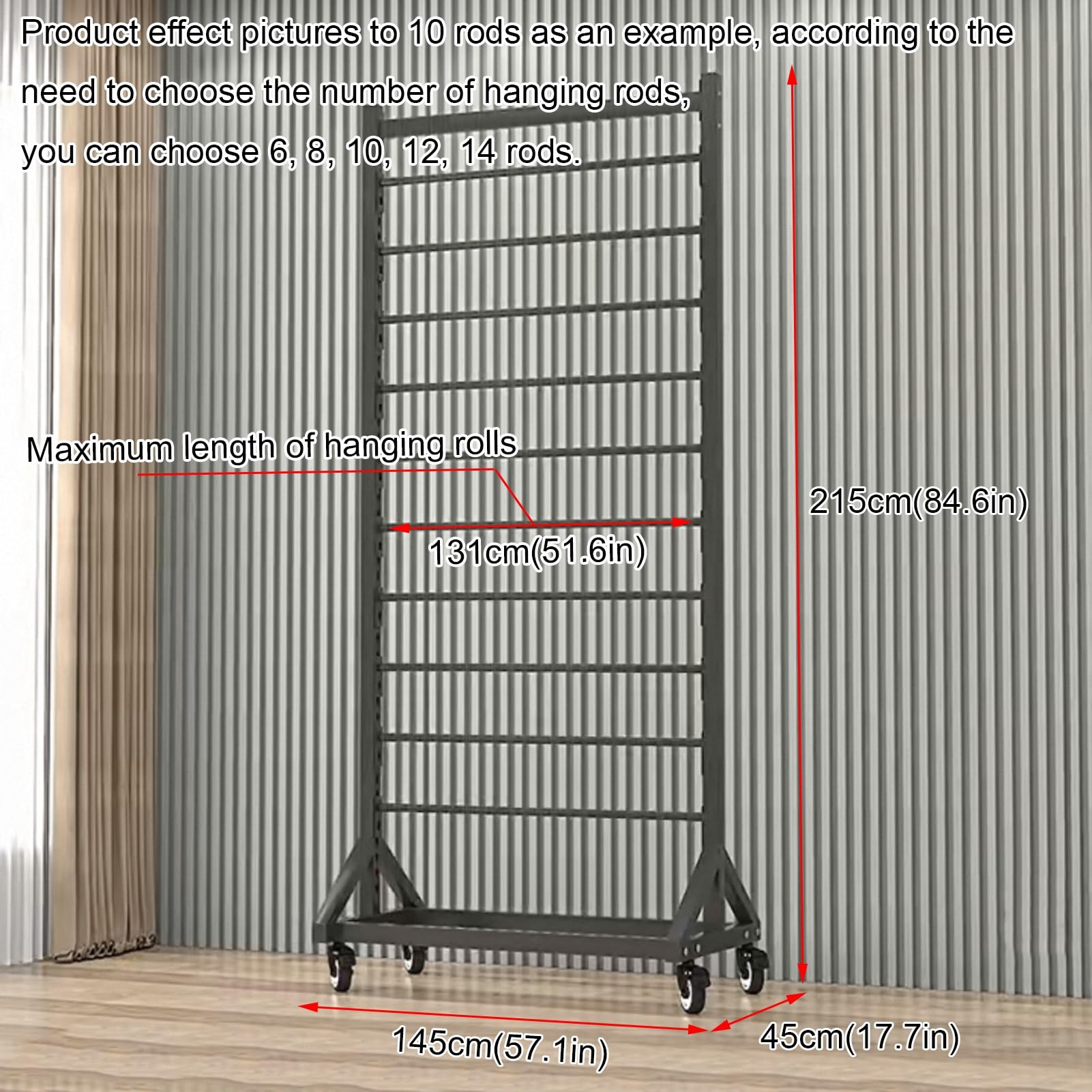 Genérico Estante móvil Resistente para Rollos de Papel Tapiz, Organizador de 6 Varillas para Tela, Vinilo, Papel de Transferencia y láminas para Ventanas. Estante Colgante Comercial (130 cm)