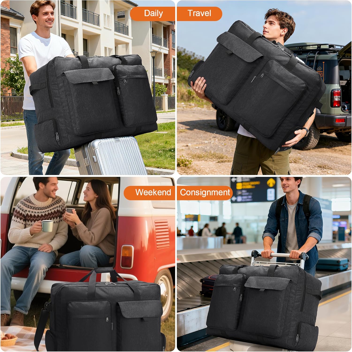 Large Travel Duffle Bag for Men Women, 80L 100L 120L Foldable Waterproof Duffle Bag, Packable Bag with Shoes Compartment for Overnight Gym Weekender Bag (Black, 120L) - Image 7