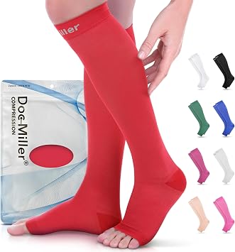 Doc Miller Open Toe Compression Socks 15-20 mmHg for Women & Men | Knee High Calf Support Sleeves, Graduated Stockings for Swelling Recovery, Circulation, 1 Pair