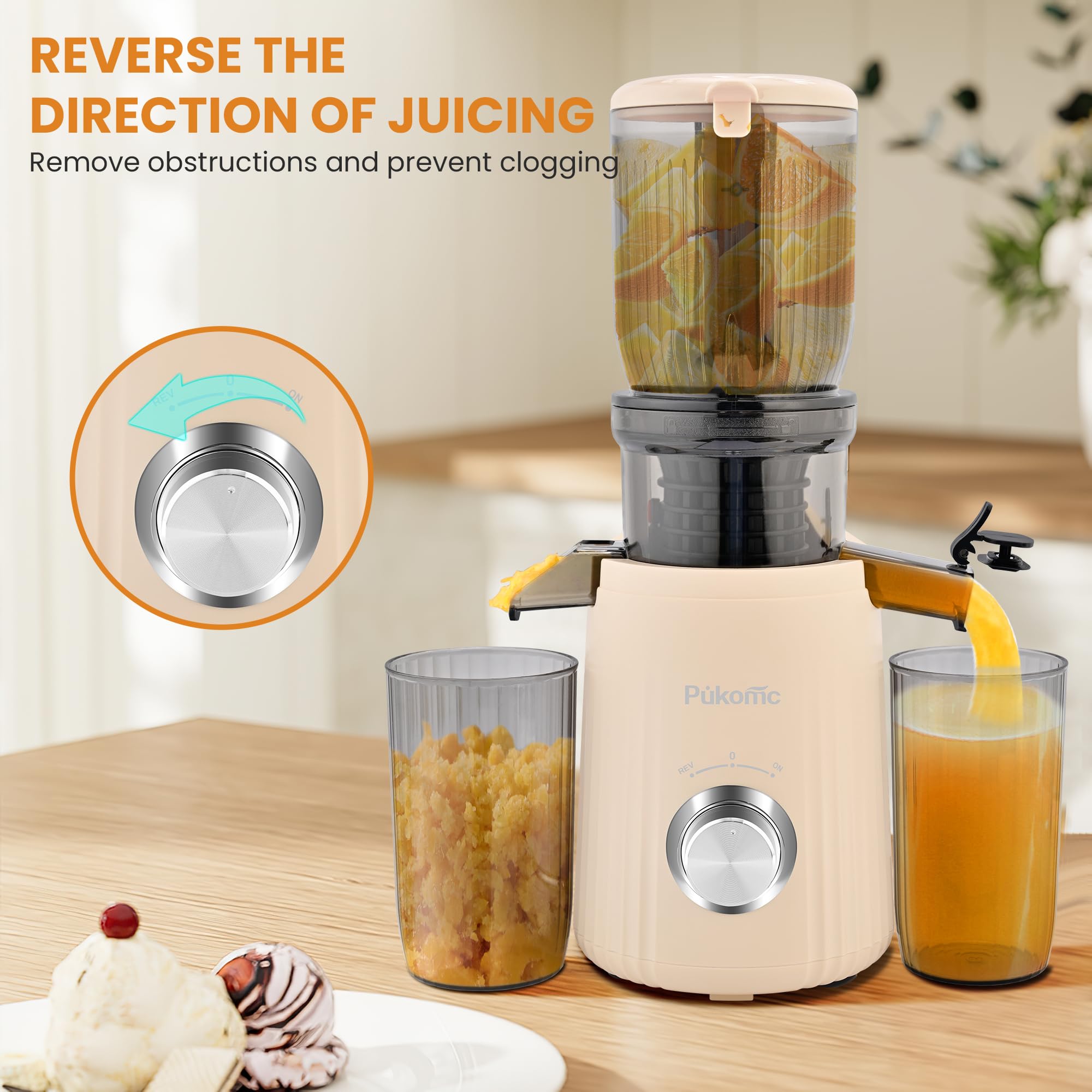 Pukomc Juicer Machines, Cold Press Juicer with 4.1'' Large Feed?Slow Masticating Machines Chute Fit Whole Vegetable And Fruit?High Juice Yield Juicer Easy to Clean