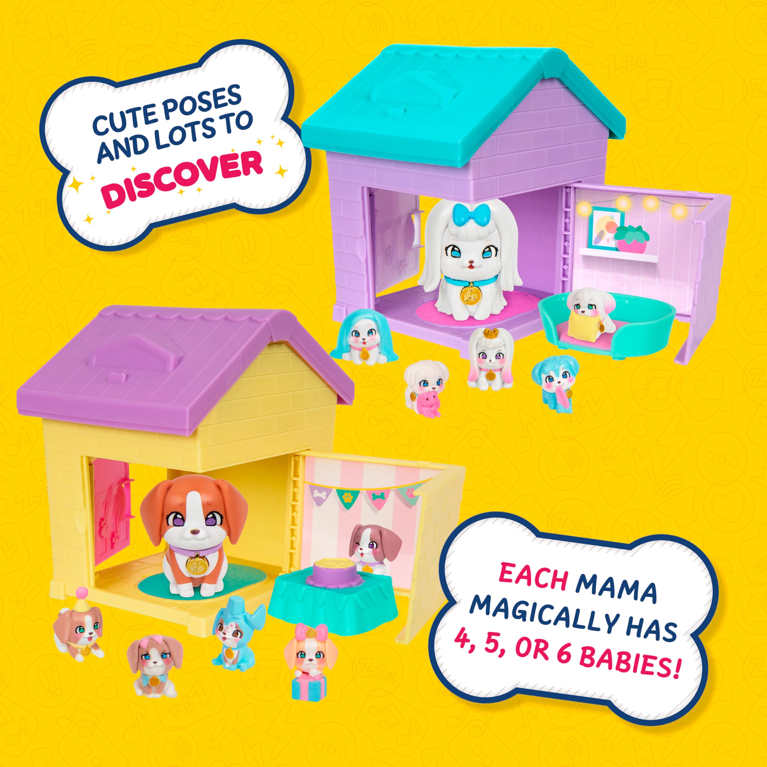 Little Live Pets Mama Surprise Families – Mamas Hütte-Packung, Bulldogge & Spaniel, 2 Hütten & Welpen, jede Mama bekommt 4–6 Babys, ausklappbares Spielset, 80+ Stück zum Sammeln, Geschenk für Kinder
