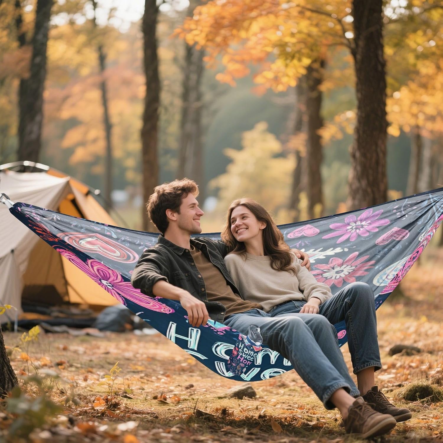 Valentines Day Flowers Red Lips Camping Hammocks with Tree Straps Cloth Hammock for Indoor Outdoor Patio
