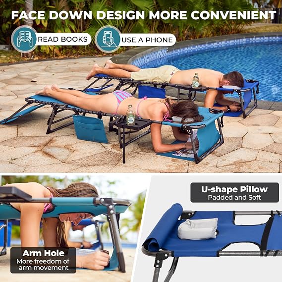 FUNDANGO 4 in 1 Tanning Chair with Face Hole, Beach Lounge Chair with Canopy Shade & Side Table Chaise Lounge Chairs for Patio, Pool, Lawn, Sunbathing, 5-Position Adjustable Sun Lounger, Blue