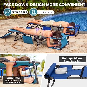 FUNDANGO 4 in 1 Tanning Chair with Face Hole, Beach Lounge Chair with Canopy Shade & Side Table Chaise Lounge Chairs for Patio, Pool, Lawn, Sunbathing, 5-Position Adjustable Sun Lounger, Blue
