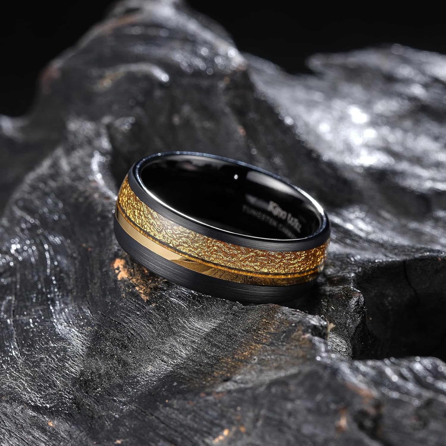 King Will Black Tungsten Rings for Men Hammer Wedding Band Gold Groove Sand Inlay - Image 3